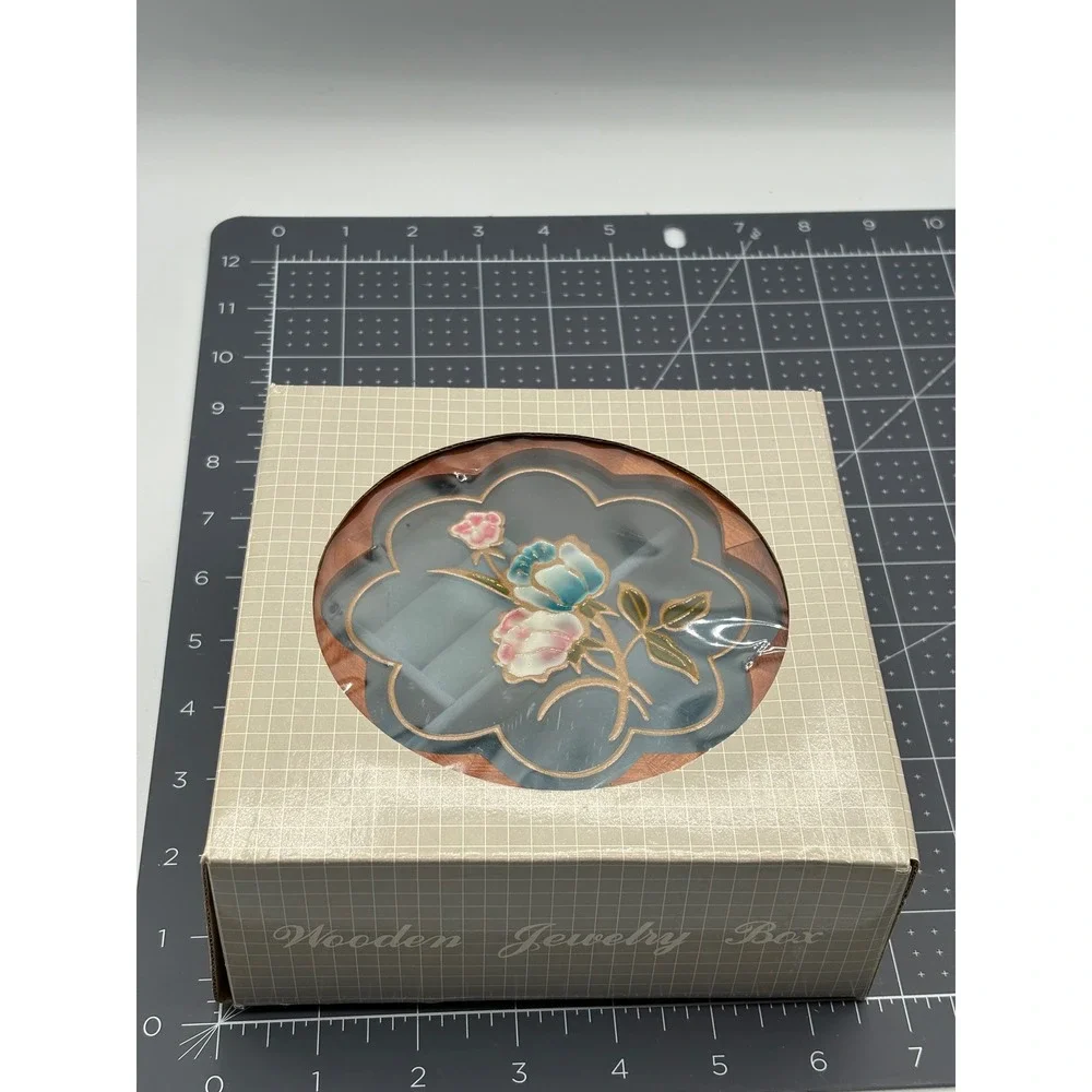 Vintage Mele Wooden Jewelry Box Octagon Floral Glass Lid Blue Velvet Interior